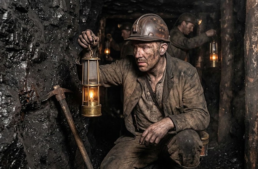 Miners working with a Davy Lamp
